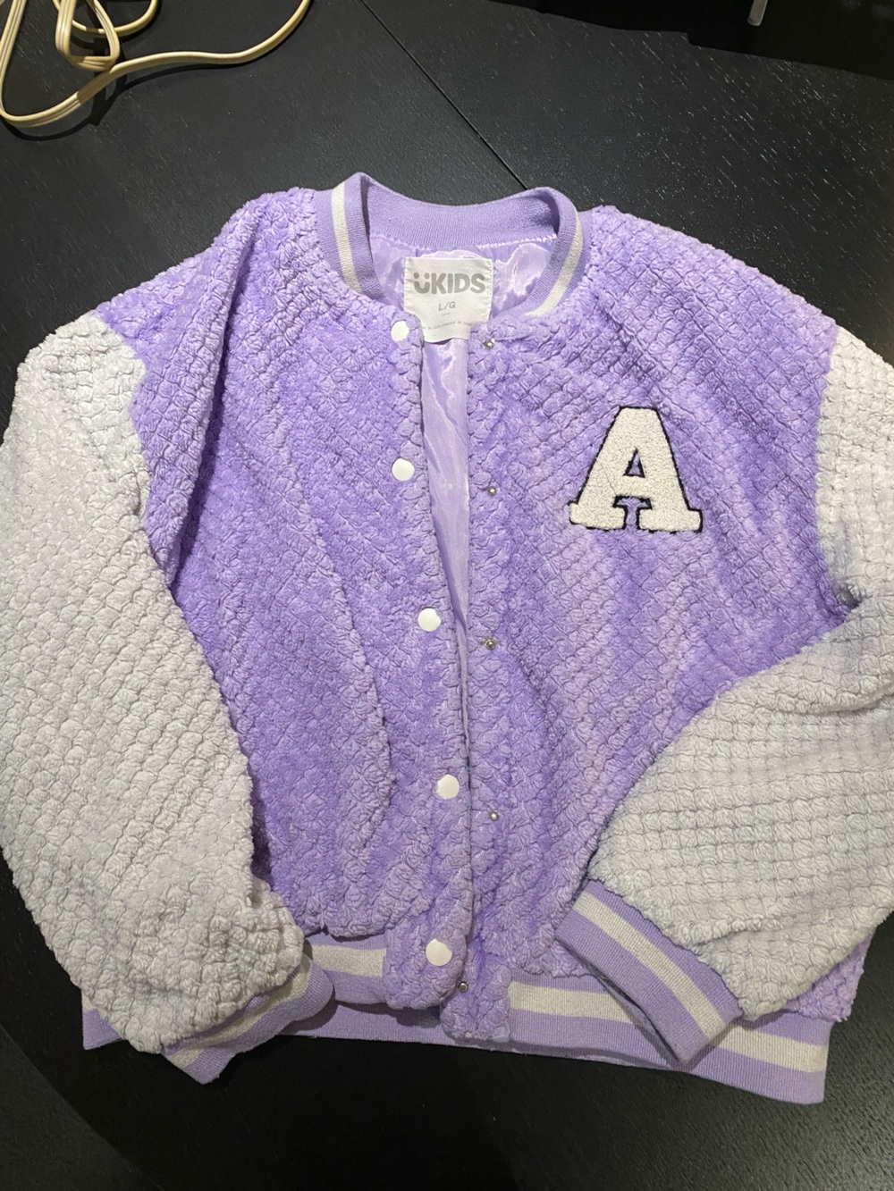 Kids Plush Varsity Jacket - Lavender & White